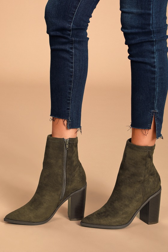 Chic Olive Green Boots - Vegan Suede 