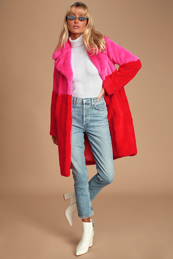 Everything's Alright Pink and Red Faux Fur Long Jacket 2