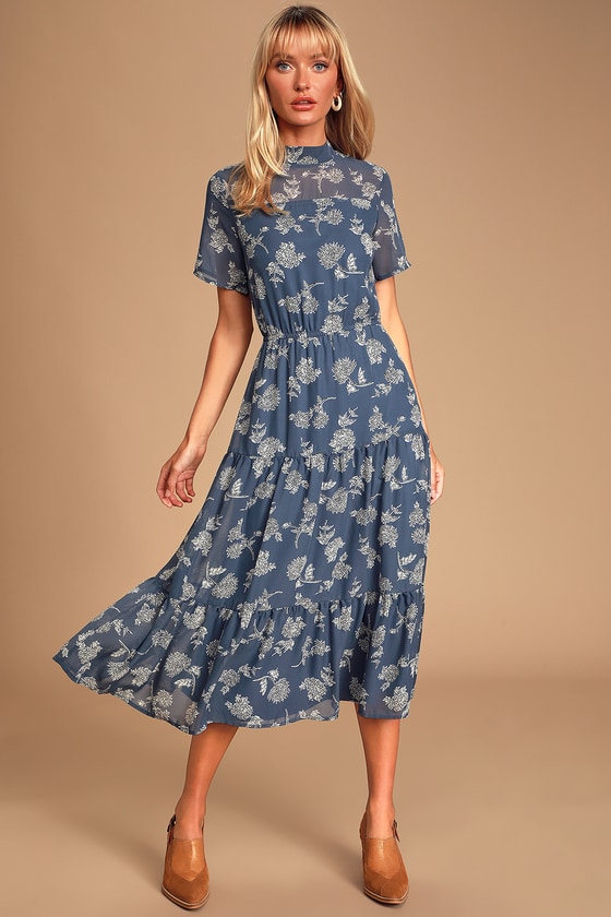 Dusty Blue Floral Print Dress - Midi ...