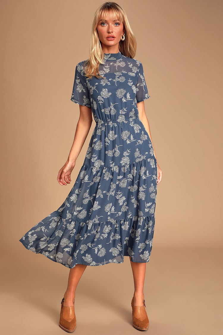Dusty Blue Floral Print Dress   Midi Dress   Short Sleeve Dress ...