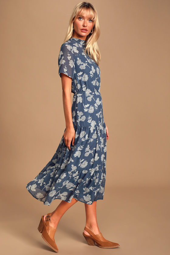 Dusty Blue Floral Print Dress - Midi Dress - Short Sleeve Dress - Lulus