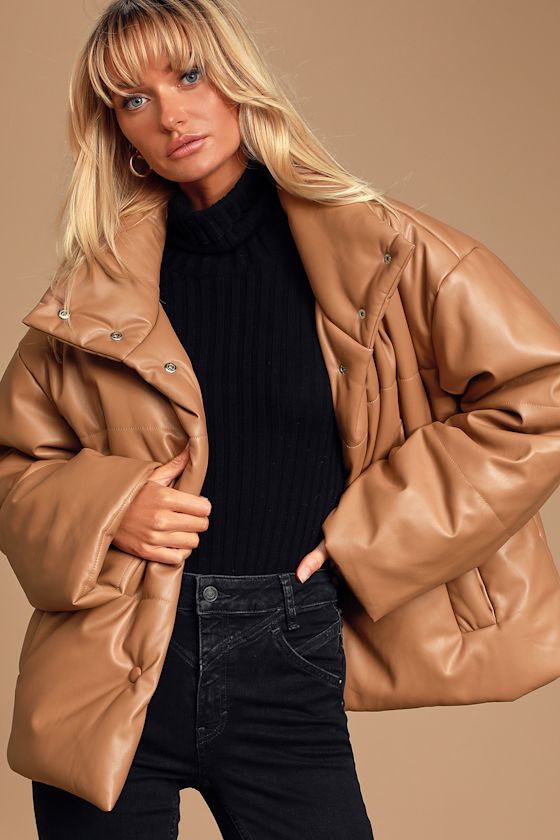 Weather or Not Taupe Vegan Leather Puffer Jacket 1