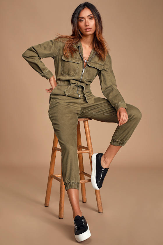 Cute Olive Green Jumpsuit Boiler Jumpsuit Denim Jumpsuit Lulus