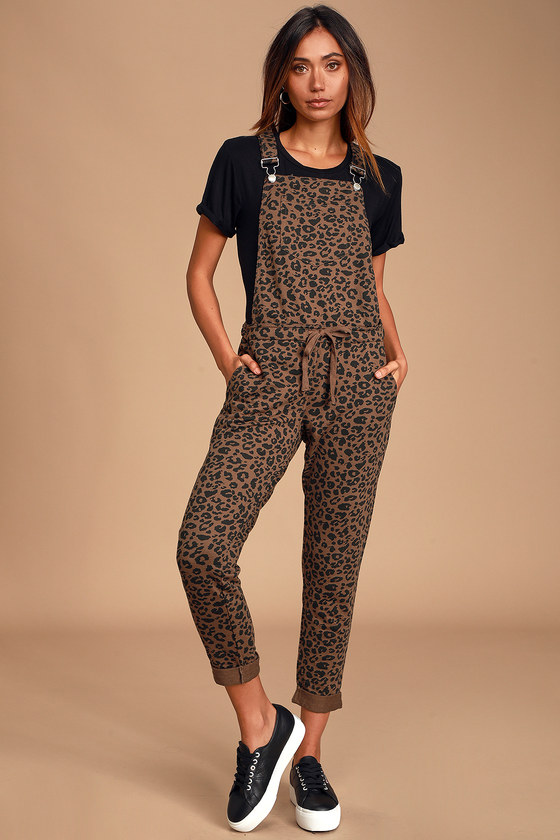 Mureile Brown Leopard Print Knit Overalls