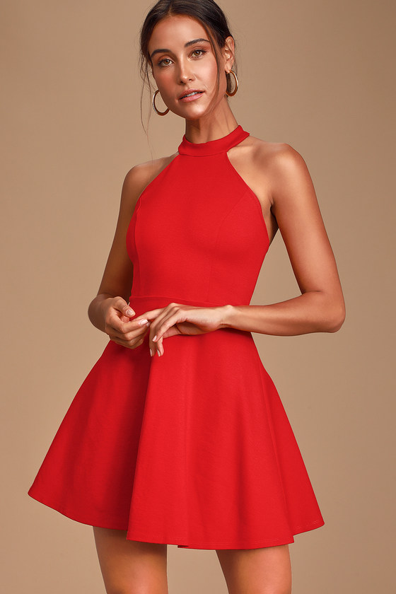 Chic Red Dress - Skater Dress - Cute Lace Dress - Halter Dress - Lulus