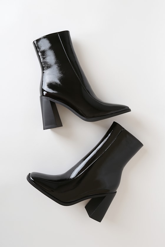 Kiaya Black Crinkle Patent Square Toe Mid-Calf Boots 1