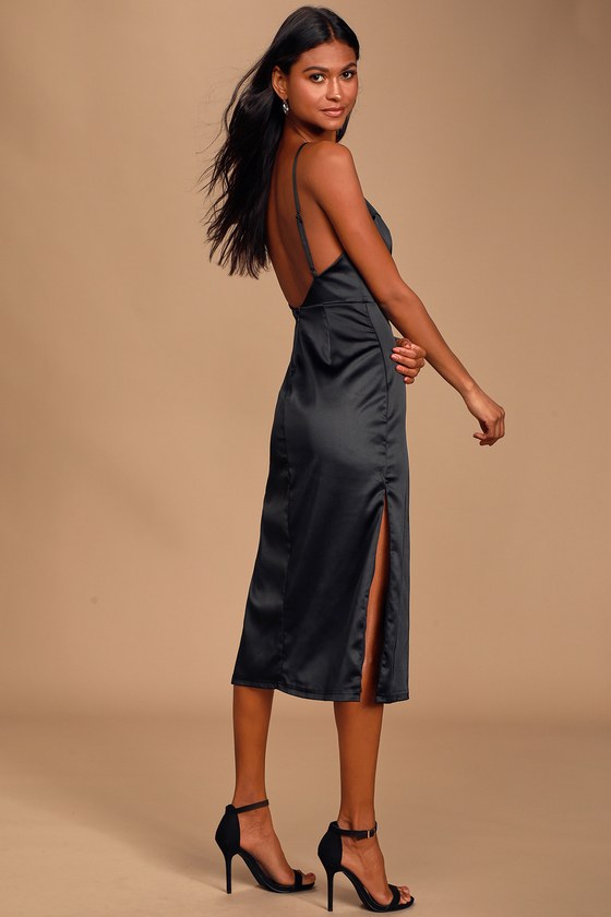 black midi satin dress