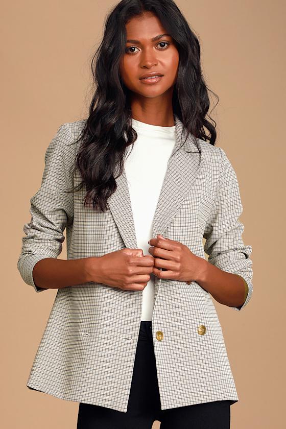 Dylan Ivory Plaid Double Breasted Blazer 2