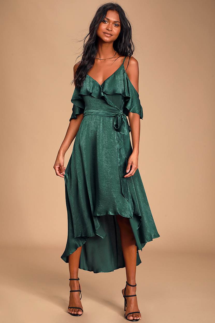 Forest Green Dress - Satin Dress - High-Low Dress - Wrap Dress - Lulus