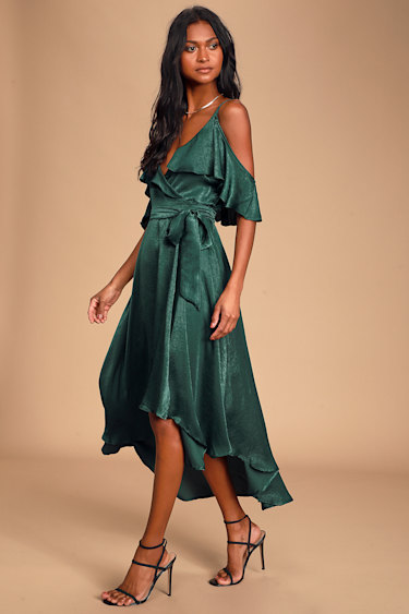 Forest Green Dress - Satin Dress - High-Low Dress - Wrap Dress - Lulus