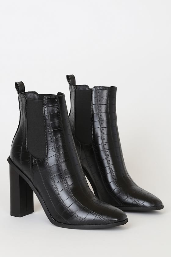Scarlette-1 Black Crocodile Embossed Ankle Booties 1