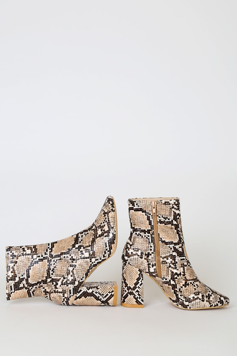 snake print block heel booties