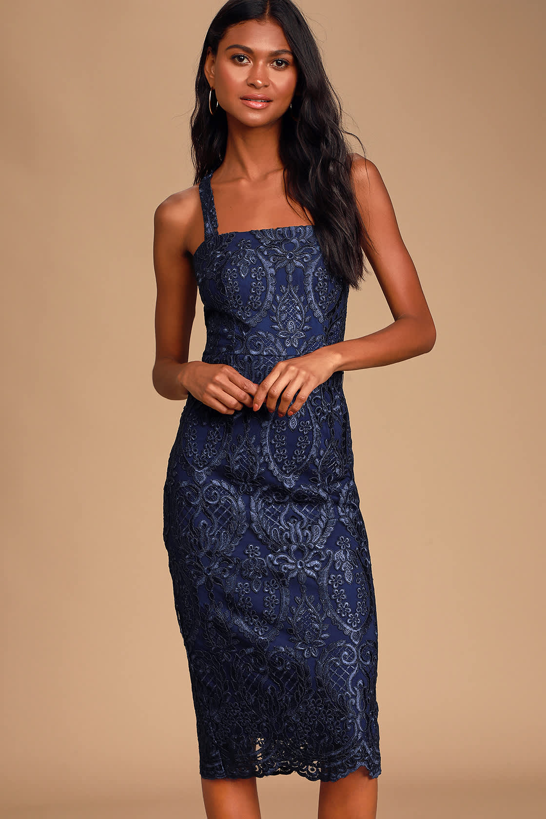 Chic Navy Blue Dress - Lace Midi Dress - Halter Bodycon Dress - Lulus