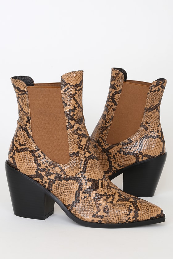 Trendy Brown Boots - Snake Embossed Boots - Mid-Calf Boots - Lulus