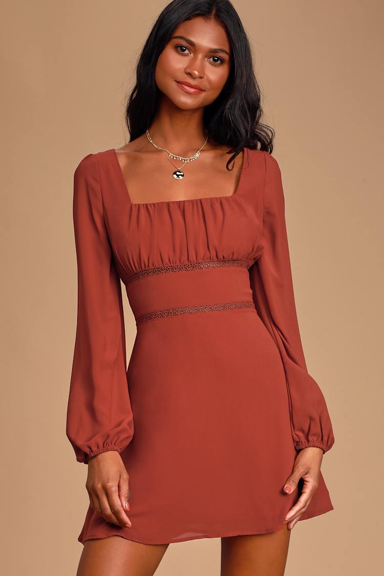 Cute Rust Skater Dress - Square Neck Dress - Long Sleeve Dress - Lulus