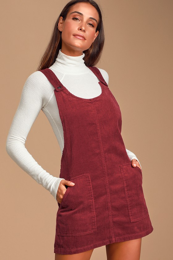 maroon cord pinafore dress