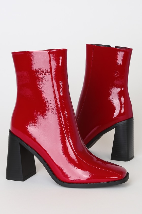 RAID Kaiya Red - Square Toe Boots - Patent Leather Boots - Lulus