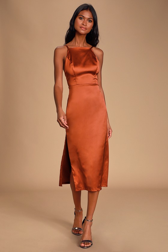 Rust Satin Midi Dress Hot Sale, UP TO ...