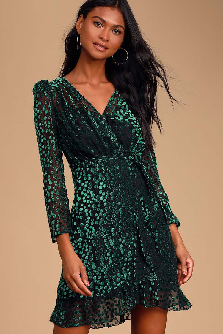 O.P.T. Ekhi Polka Dot Dress - Wrap Dress - Velvet Burnout - Lulus
