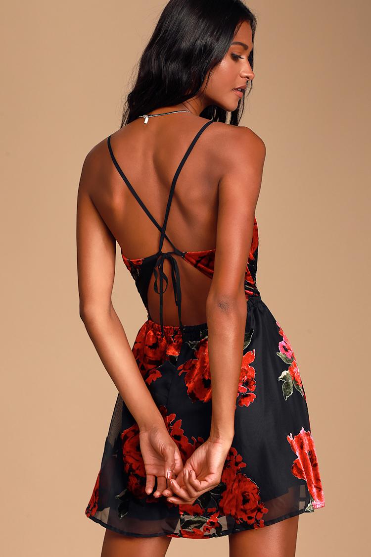 black floral velvet skater dress Navy Blue Velvet Floral Burnout Mini Dress | Womens | Medium | 100% Polyester | Lulus