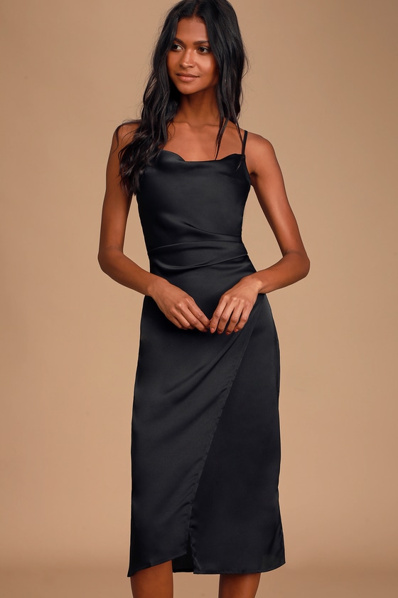 Hollywood Woman Black Satin Midi Dress