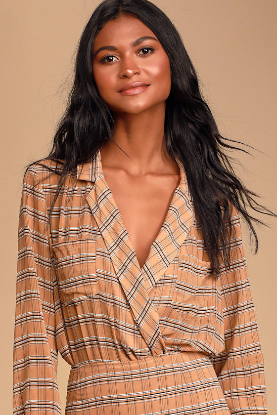 Professionally Cute Peach Multi Plaid Chiffon Bodysuit 1