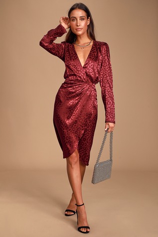 Wild Times Burgundy Leopard Satin Tulip-Hem Midi Skirt