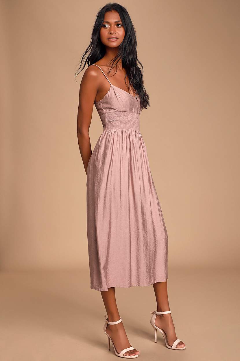 pink smocked midi dress Cute Mauve Pink Midi Dress - Smocked Midi Dress - Black Dress