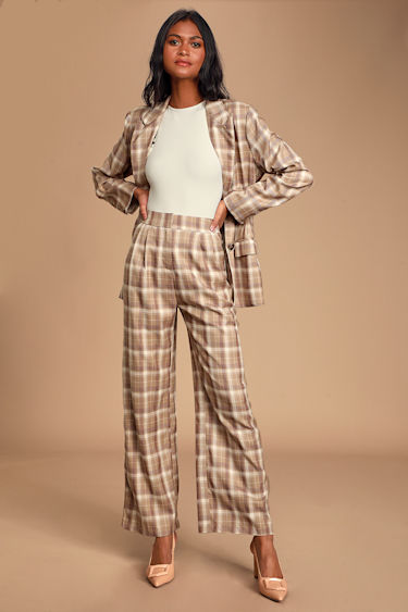 Honey Punch Poise Tan Plaid Pants Woven Plaid Pants Mid Rise