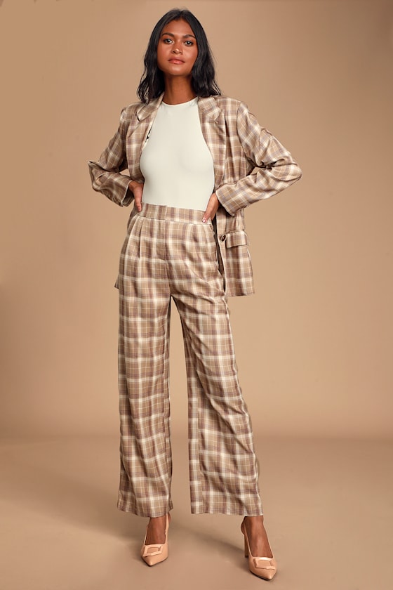 Poise Tan Plaid Mid Rise Wide-Leg Pants 2