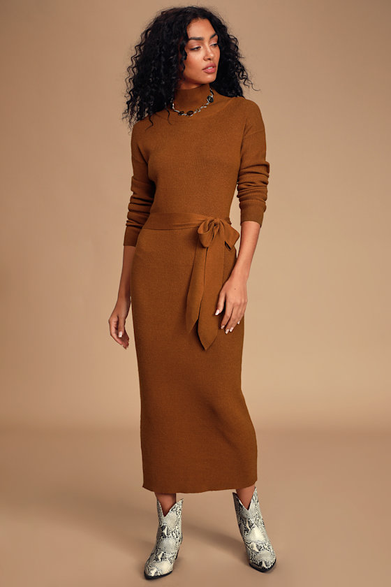 Right Beside Me Brown Turtleneck Midi Sweater Dress 3