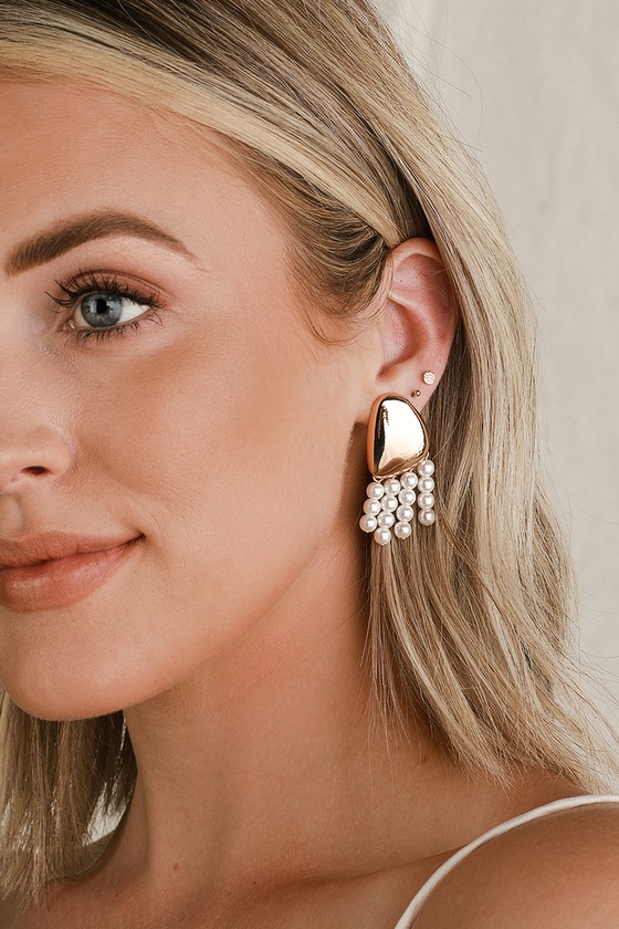 Cute Gold and Pearl Earrings - Pearl Fringe Earrings - Earrings - Lulus