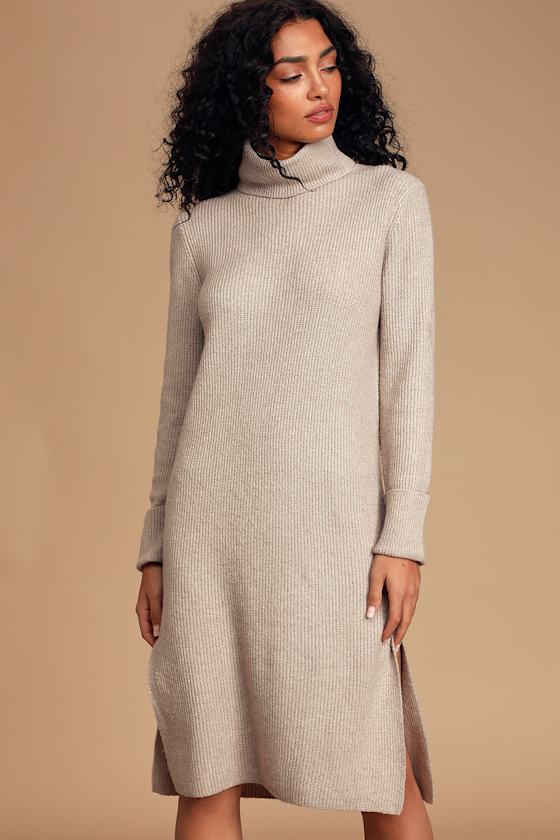 Snuggled Up Beige Knit Turtleneck Midi Sweater Dress 2