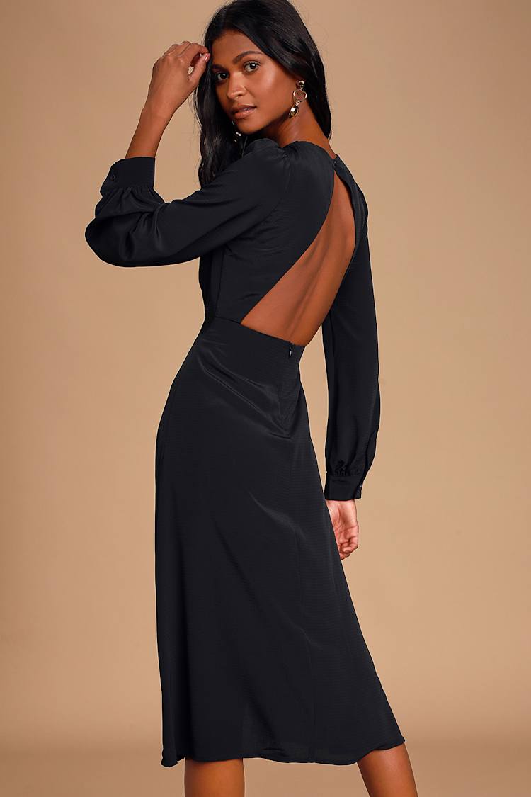 Black Midi Dress - Long Sleeve Dress - Sexy Open Back Dress - Lulus