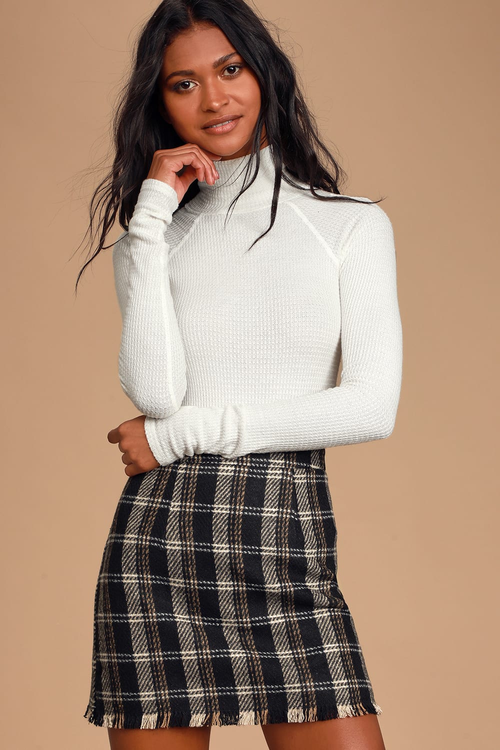 French Duo Black Multi Plaid Mini Skirt