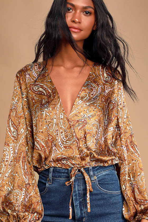 Nara Brown Paisley Print Satin Long Sleeve Surplice Top 3
