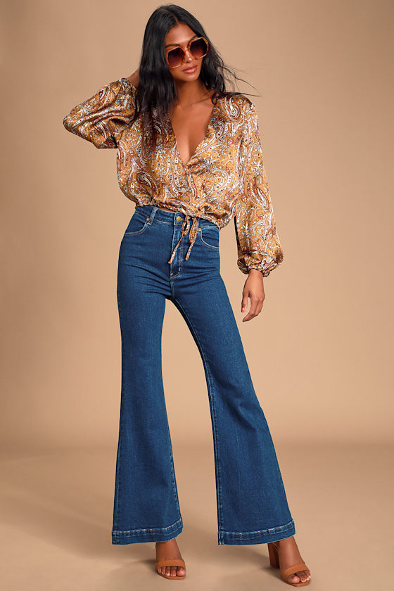 Pinch Brown Paisley Blouse - Long Sleeve Top - Surplice Blouse - Lulus