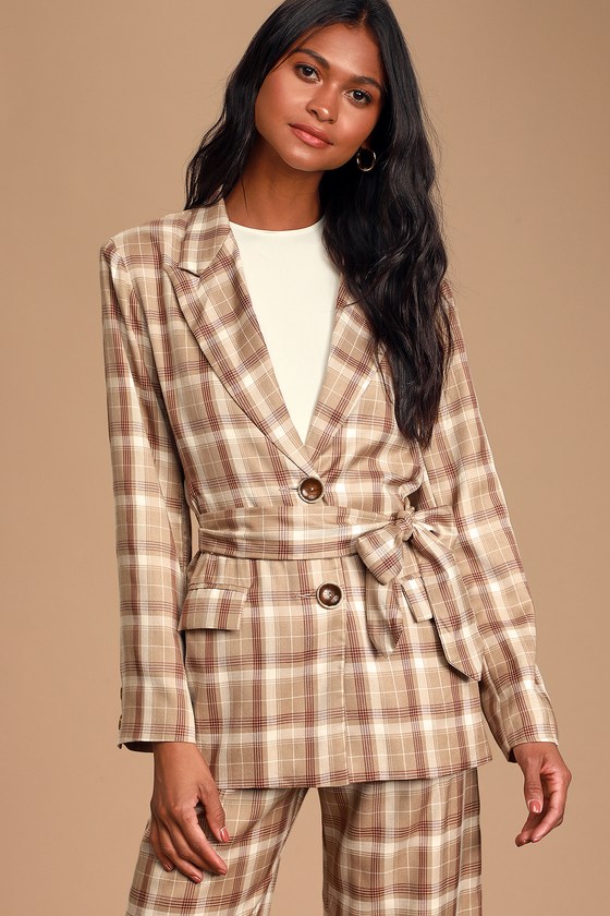 Poise Tan Plaid Belted Blazer