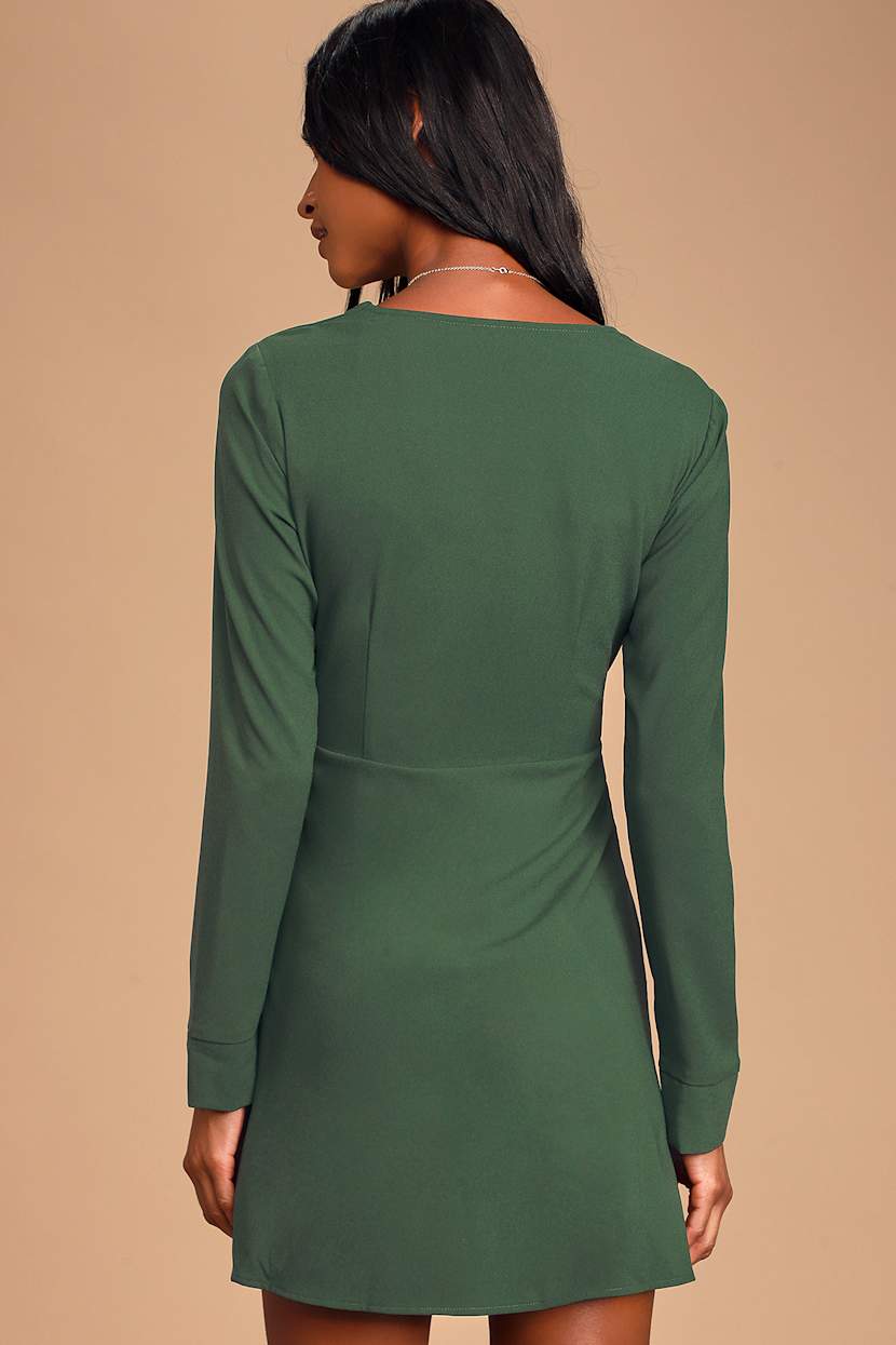 Style Standard Dark Green Long Sleeve Wrap Skater Dress