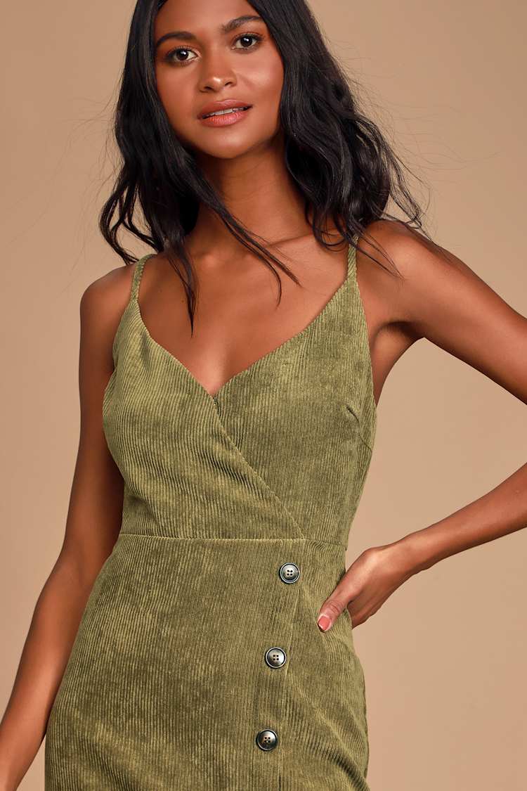 Cute Olive Green Dress - Corduroy Dress - Olive Green Midi Dress - Lulus