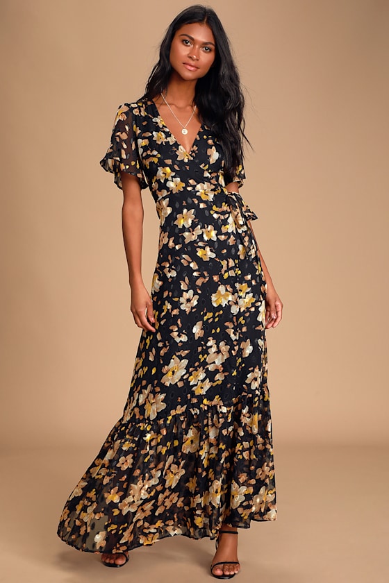 Lean On Me Black Floral Print Wrap Maxi Dress 1