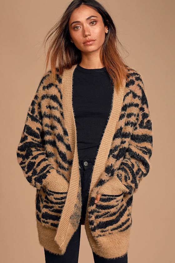 Fierce Feelings Tan Tiger Print Eyelash Knit Cardigan Sweater 2