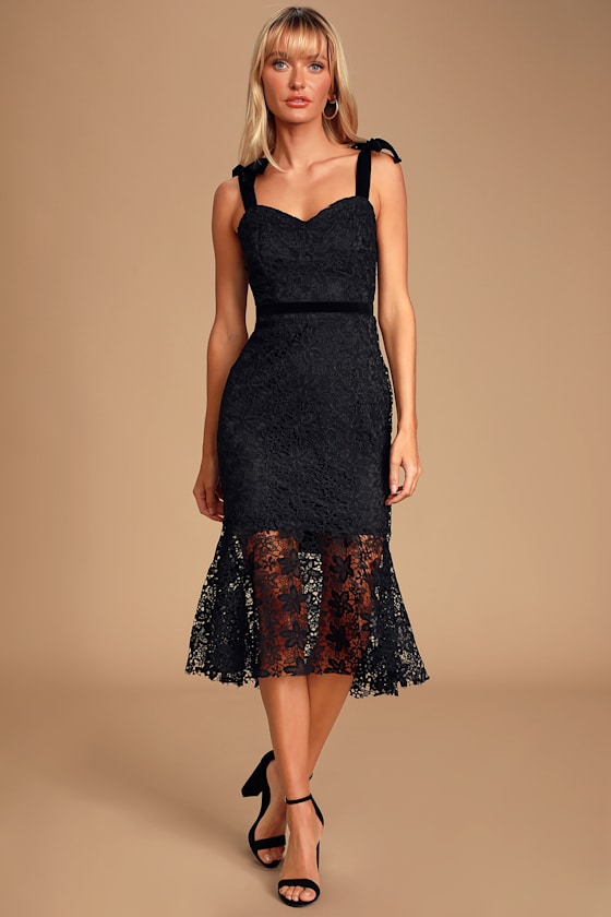 Utterly Entranced Black Crochet Lace Trumpet Hem Midi Dress 1