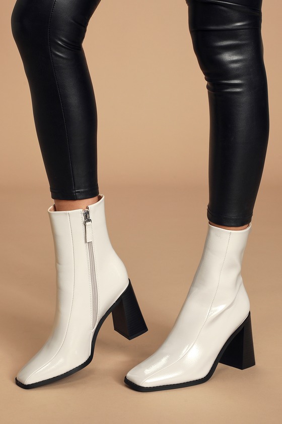 patent square toe flare heel sock boot