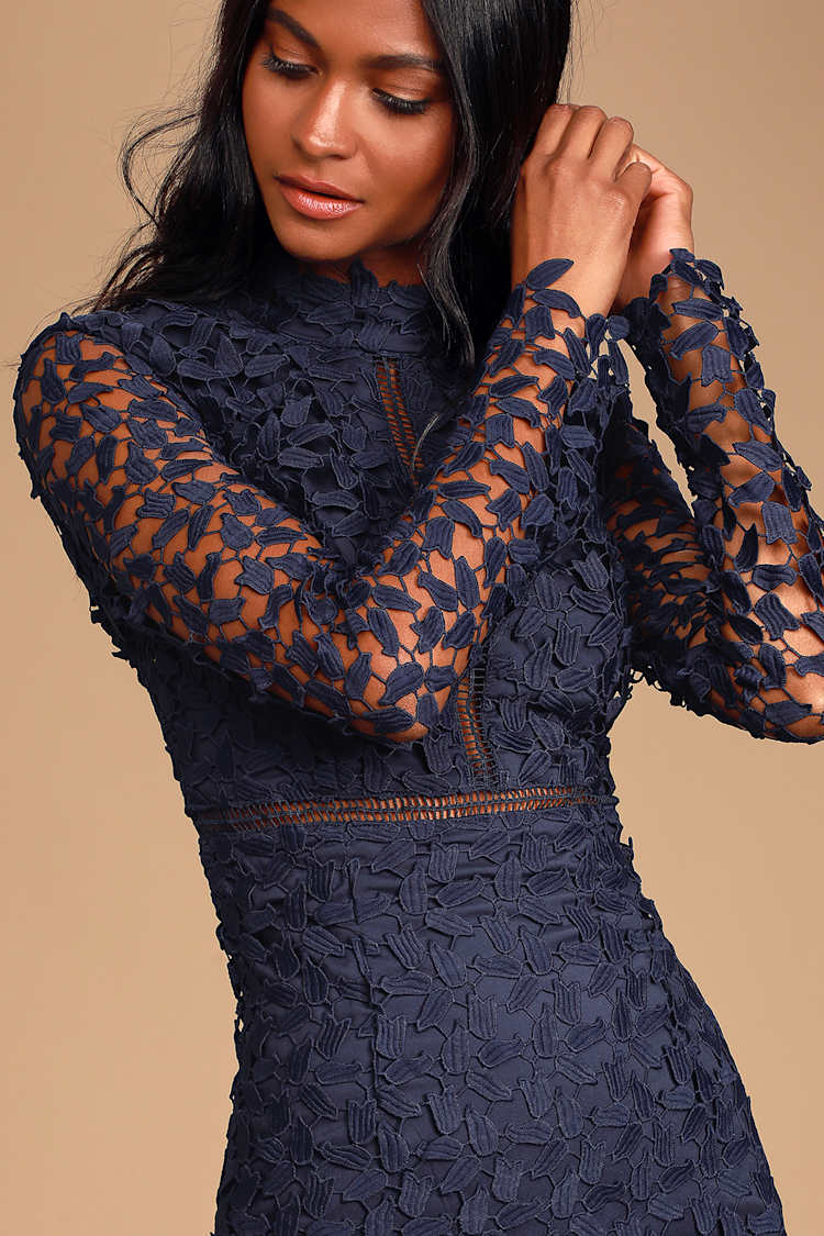 chinese dress ladies Bardot Sequin & Lace High Low Midi - Navy