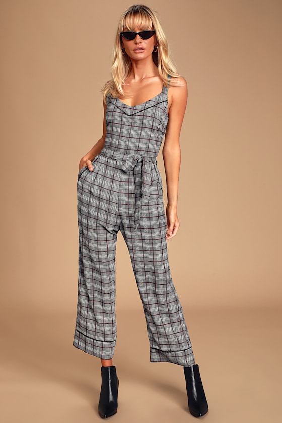 Bailey Grey Plaid Sleeveless Cropped Jumpsuit 1