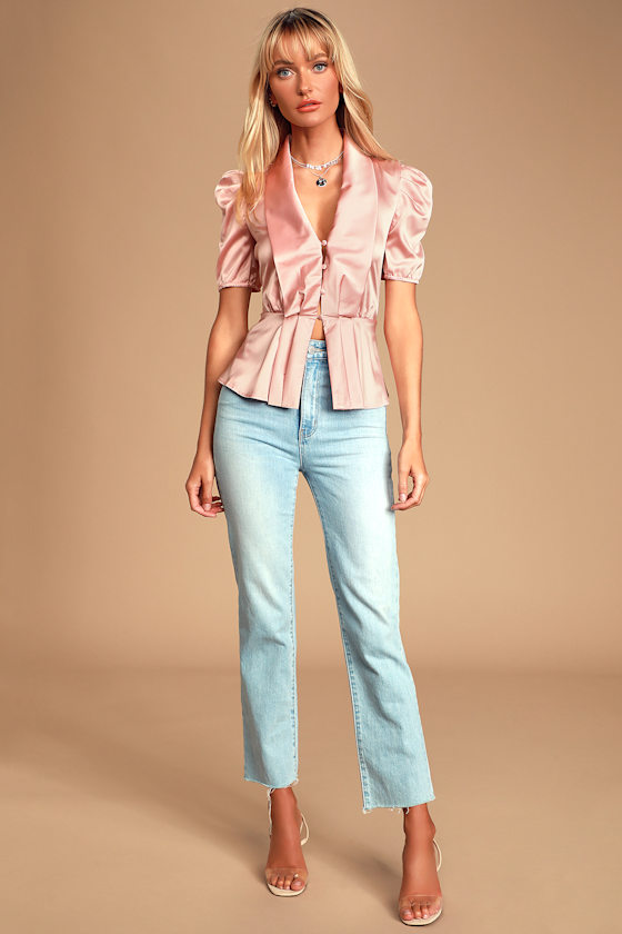 Raylan Blush Pink Satin Puff Sleeve Button-Up Top 2