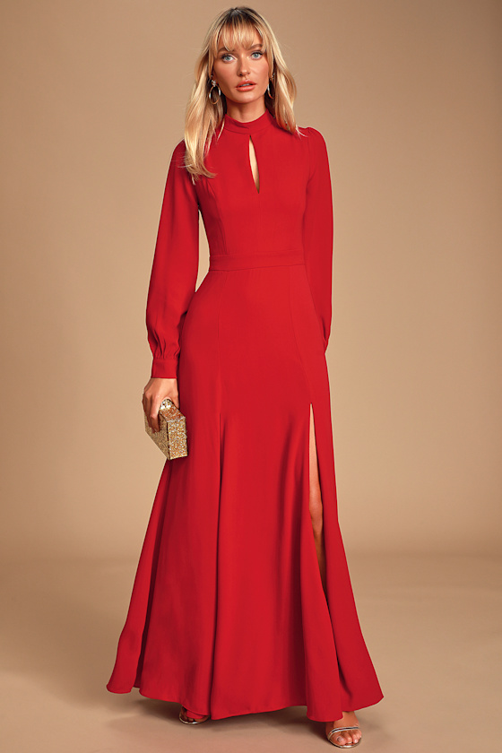 Noura Red Mock Neck Long Sleeve Maxi Dress 1