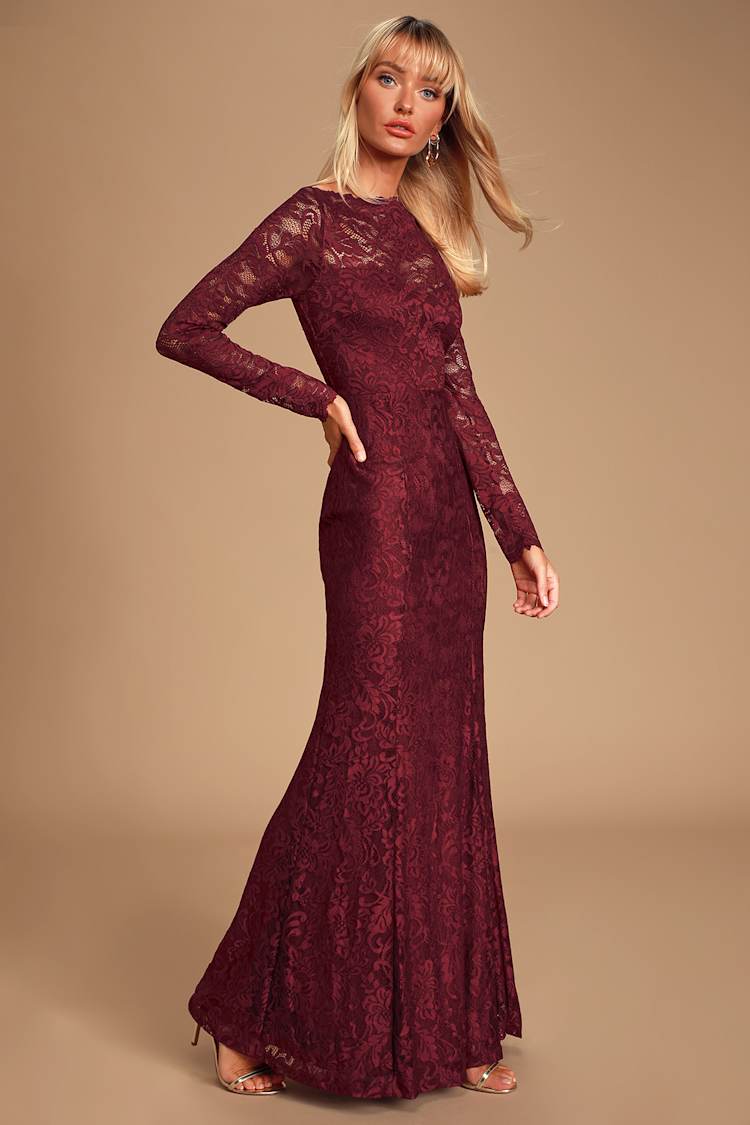 fitted lace wedding dress Long Sleeve Lace Maroon Side Slit A line Long Evening Prom Dresses, Po –  SposaDresses main image 0