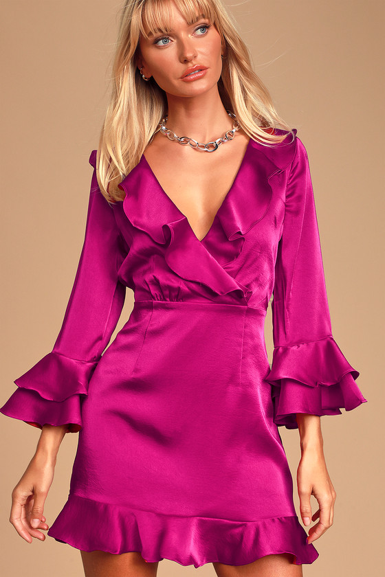 Flirty Magenta Dress - Ruffled Mini Dress - Flounce Sleeve Dress - Lulus